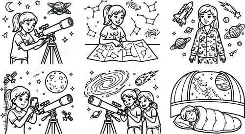 Black and white line art vector of children exploring space with telescope sleeping under planet dome and learning star constellations in educational astronomy activities