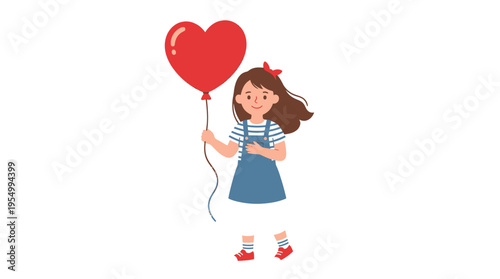 A young girl happily holding a red heart-shaped balloon in her hand