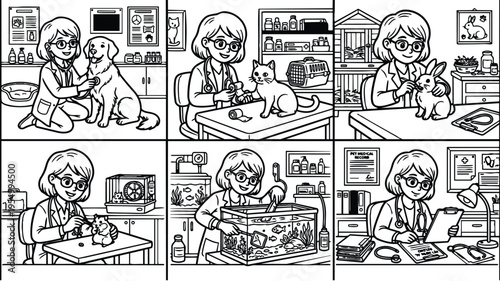 Black and white line art veterinarian female checking dog cat rabbit hamster fish and writing medical records in clinic with animals and equipment