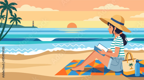 A woman relaxes on a beach at sunset with a book and hat