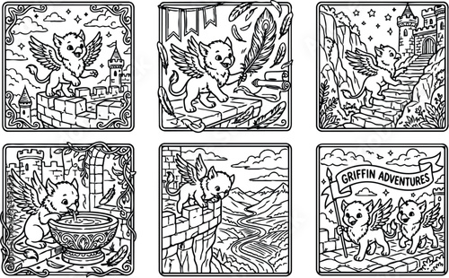 Detailed black and white line art griffin characters flying and exploring castle walls stairs and ancient books with feathers scrolls in fantasy adventure scenes vector set