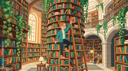 A cartoon man climbs a ladder to reach a book on a tall shelf in a large library with many books and plants