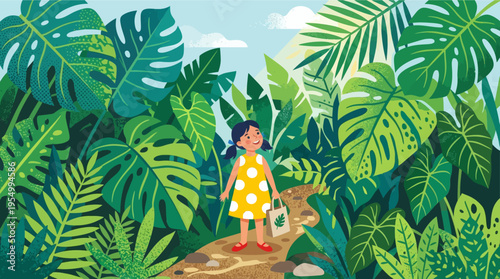 A young girl explores a vibrant jungle with large green tropical leaves