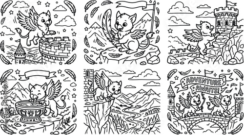 Playful griffin character coloring page set climbing fortress exploring mountain peak drinking water from bowl walking stone bridge adventure awaits banner design