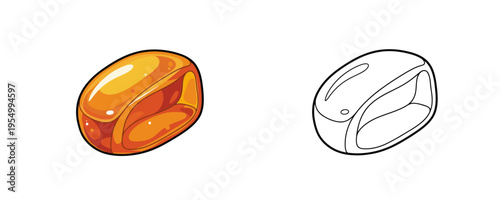 Gelatin amber capsule vector illustrations shown in colored cartoon and black outline linear styles, orange and yellow tones on white background