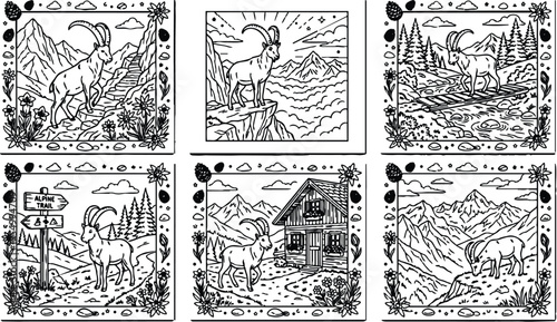 Detailed black and white vector art mountain goat on alpine trail near cabin and rocky cliffs with floral frame and scenic nature backgrounds in line art style