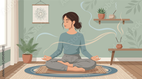 A serene woman meditating in a peaceful room with plants and incense