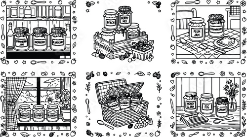 Detailed vector art of various jam jars and fruit preserves displayed on shelves picnic basket and kitchen table with floral decorative border line art style