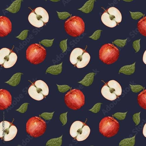 Seamless watercolor apple pattern with whole and sliced apples and leaves on dark background. Hand painted red fruit texture. Natural organic food background for textile, packaging, kitchen decor