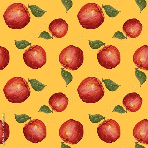 Seamless watercolor red apple pattern with leaves on yellow background. Hand painted fresh fruit illustration. Natural organic food background for textile, packaging, kitchen decor design