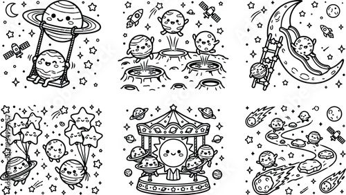 Cute monochrome space cartoon planets playing on swings and ladders with stars comets rocket spacecraft craters carousel smiling faces black and white vector art