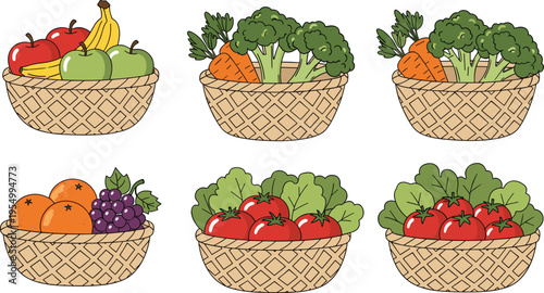 Fresh fruits and vegetables in wicker baskets set featuring apples bananas grapes tomatoes broccoli and carrots for healthy eating grocery and farmers market vector illustration.