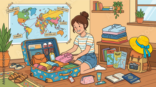 A young woman packing a colorful suitcase for an exciting travel adventure