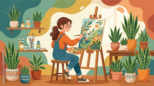 A young woman paints a vibrant floral artwork in a cozy studio