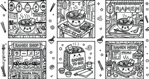 Cute kawaii ramen bowls with smiling faces in different settings including noodle shop ramen to go and menu board flat line art vector design