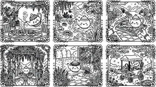 Cute kawaii teapot pouring tea into cups in charming garden scenes with floral borders and detailed nature backgrounds for coloring book style vector art design