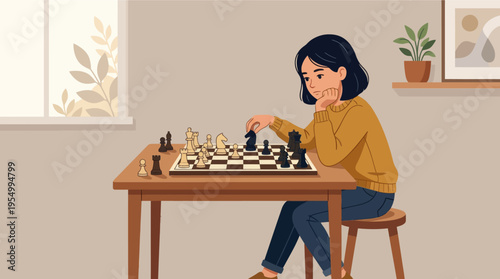 A woman sits at a wooden table playing a game of chess