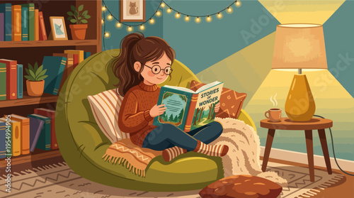A young girl sits comfortably in a cozy room reading a book
