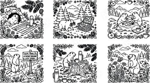 Colorbook style detailed picnic scenes with marmots eating drinking and relaxing in alpine meadows surrounded by flowers trees and mountains in line art vector