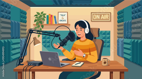 A woman podcasting in a home studio with a microphone and laptop