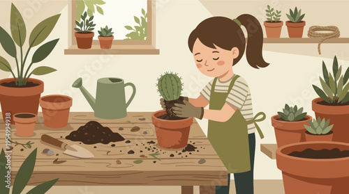 A young girl planting a small cactus in a terracotta pot indoors