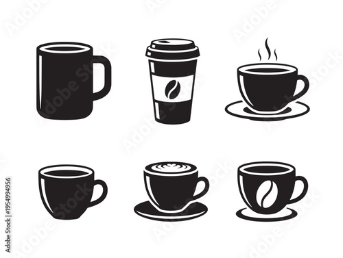 A set of six different coffee cups and mugs