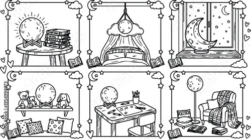 Colorbook style hand drawn cozy night moon themed bedroom study and reading nook interior with books and toys in black and white vector art