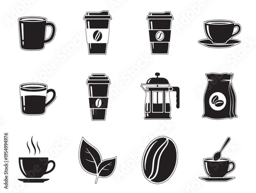 A collection of black coffee and tea icons