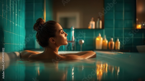 Young woman enjoys relaxing time in modern bathroom with warm water