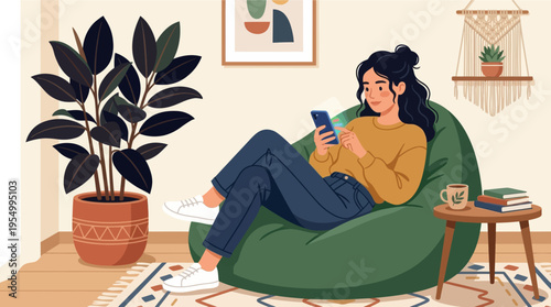 A woman relaxes in a cozy living room with a bean bag chair