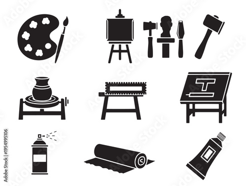 Black silhouettes of art supplies and furniture