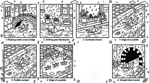 Colorbook style vector art series showing paper boats drifting under tiny bridges past flowerpots beside curbs along puddles and striped drain tunnels in rainy weather illustration