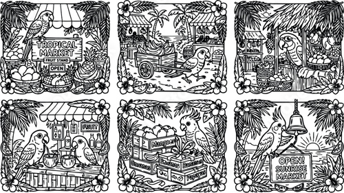 Colorbook style detailed tropical market fruit stand vector set with parrots and exotic fruits in black and white line art tropical jungle frame decorative border
