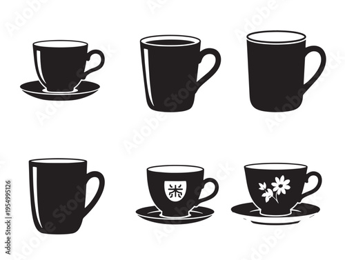 Six different black coffee cups and saucers