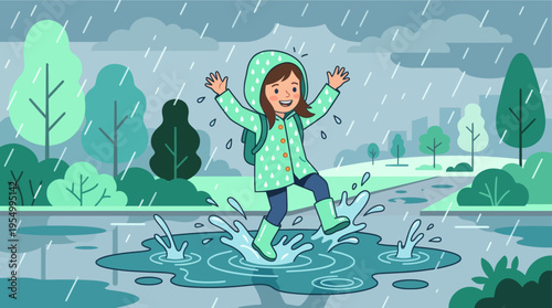 A young girl happily jumping in a puddle on a rainy day outside