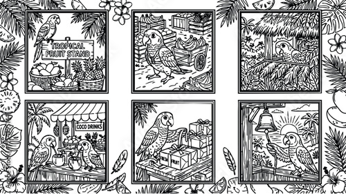 Colorbook style tropical fruit stand with parrots eating coconuts and ringing bell detailed line art with gifts crates and tropical leaves composition in vector format