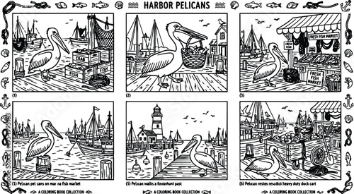 Colorbook style harbor pelicans in various scenes walking on docks holding basket at fresh fish market resting near heavy duty dock cart detailed line art drawing