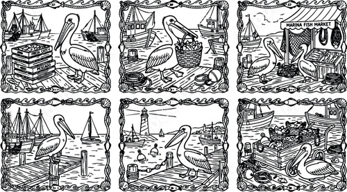 Colorbook style seaside pelicans with fishing boats detailed hand drawn illustrations showcasing docks fish market baskets nautical ropes and ocean scenery in black and white