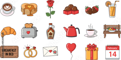 Valentine Breakfast in Bed Romantic Illustration Set Featuring Heart Pancakes Coffee Croissant Maple Syrup Roses Chocolate Strawberries Love Letter Rings and February 14 Calendar