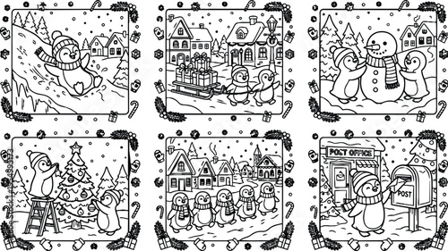 Colorbook style playful penguins sledding building snowman decorating christmas tree walking snowy village mailing postcard winter holiday scene