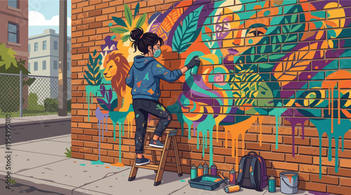 A young artist spray painting a vibrant mural on a brick wall