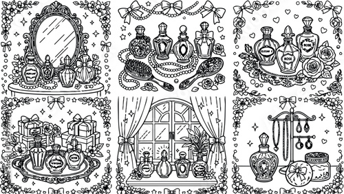 Colorbook style vintage perfume bottles with bows flowers brushes mirrors jewelry and window scenes detailed delicate line art decorative elegant collection