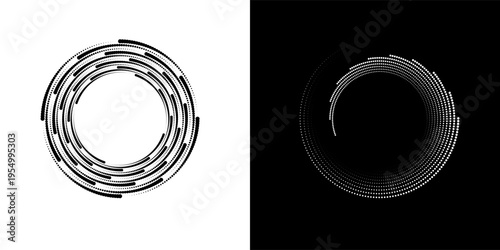 Modern abstract background. Halftone dots in circle form. Round logo. Vector dotted frame. Design element or icon. Black shape on a white background and the same white shape on the black side.