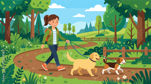 A young woman walks her dogs on a winding path in a park