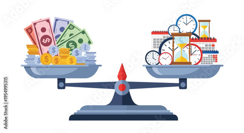 A balanced scale weighing money and time, symbolizing the trade-off between financial wealth and the value of time.