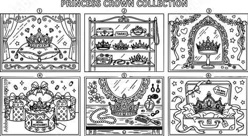 Colorbook style princess crown collection with detailed tiaras jewels gift boxes vanity mirror and royal suitcase set line art drawing vector design