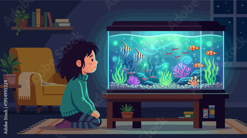 A young girl sitting on the floor watching fish swim in an aquarium