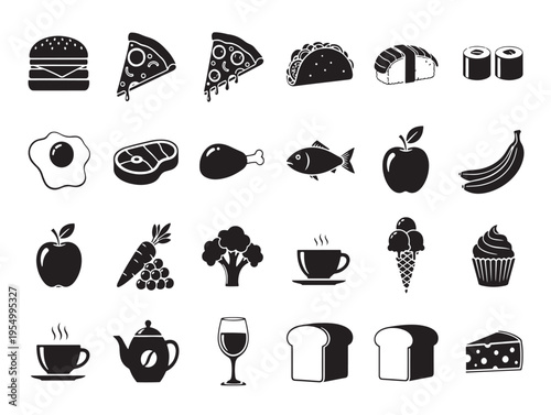 A collection of black icons of food and drink items