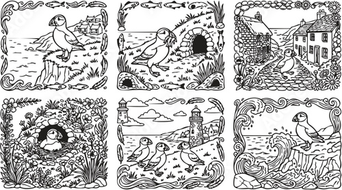 Colorbook style detailed puffin bird scenes with ocean cliffs waves lighthouses nests fish feathers and village houses in picturesque coastal landscape illustration