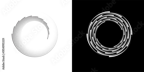 Modern abstract background. Halftone dots in circle form. Round logo. Vector dotted frame. Design element or icon. Black shape on a white background and the same white shape on the black side.